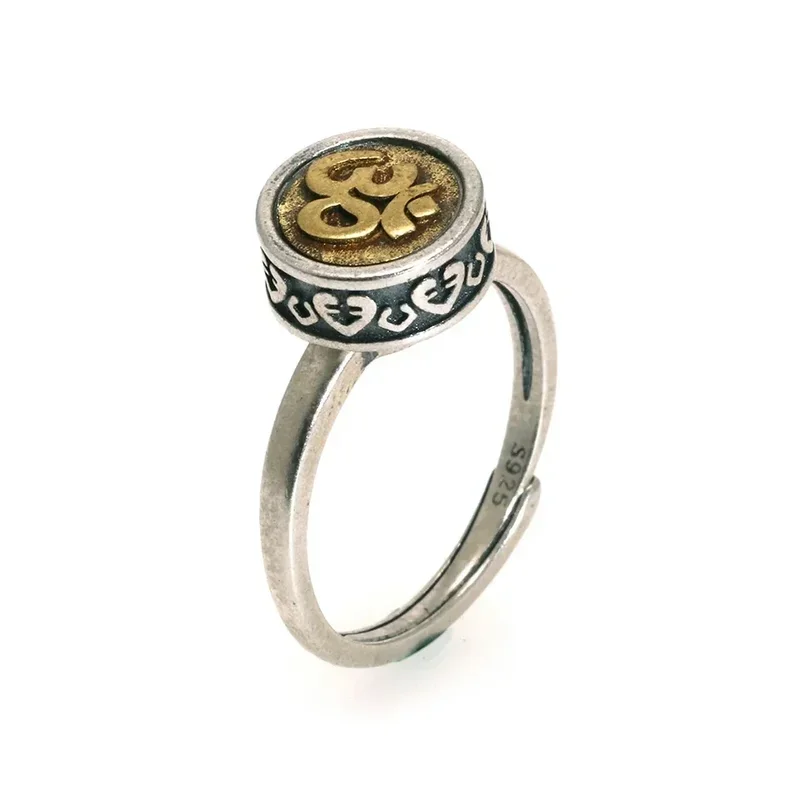 Real 925 Sterling Silver Studding Earrings Rotating Ring Men and Women with OM Symbol Tibetan Buddhist Jewelry Suit