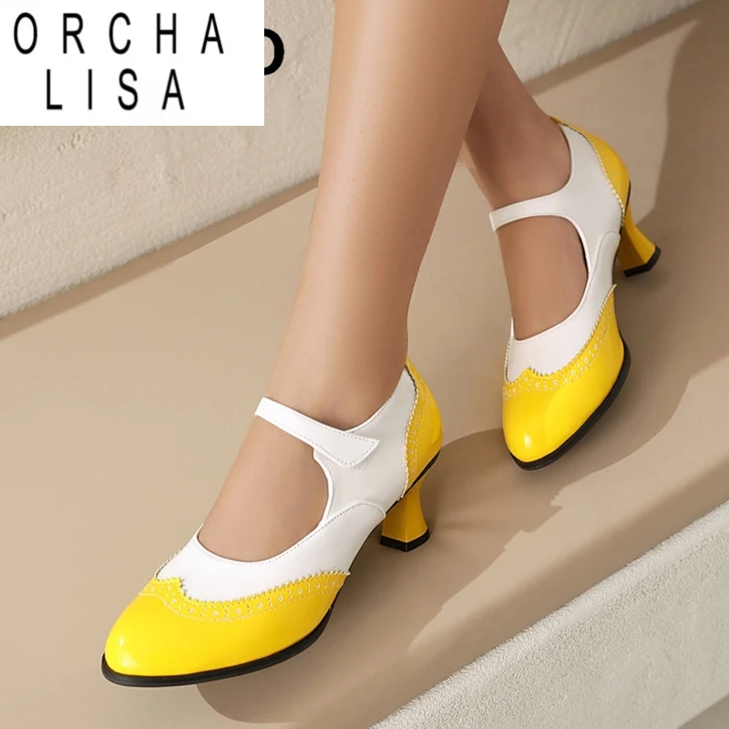 

ORCHA LISA Весенние модные женские туфли-лодочки из искусственной кожи с круглым носком 4,5 см на низком каблуке с пряжкой Черный Красный Желтый Большой размер 42 43 45 46 48 50 52 US17