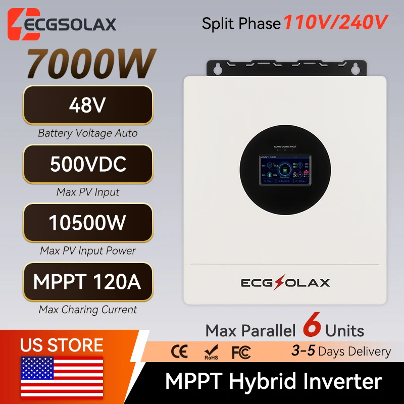 ECGSOLAX 7KW Hybrid Solar Inverter 48V 120V/240V Split Phase Pure Sine Wave Inverter With MPPT 120A Charging Controller PV 500V