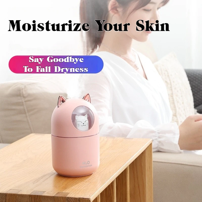 المحمولة 300 مللي القط على شكل المرطب USB ناشر رائحة الترا صامت المنزلية غرفة نوم مكتب سيارة مع LED ضباب رذاذ