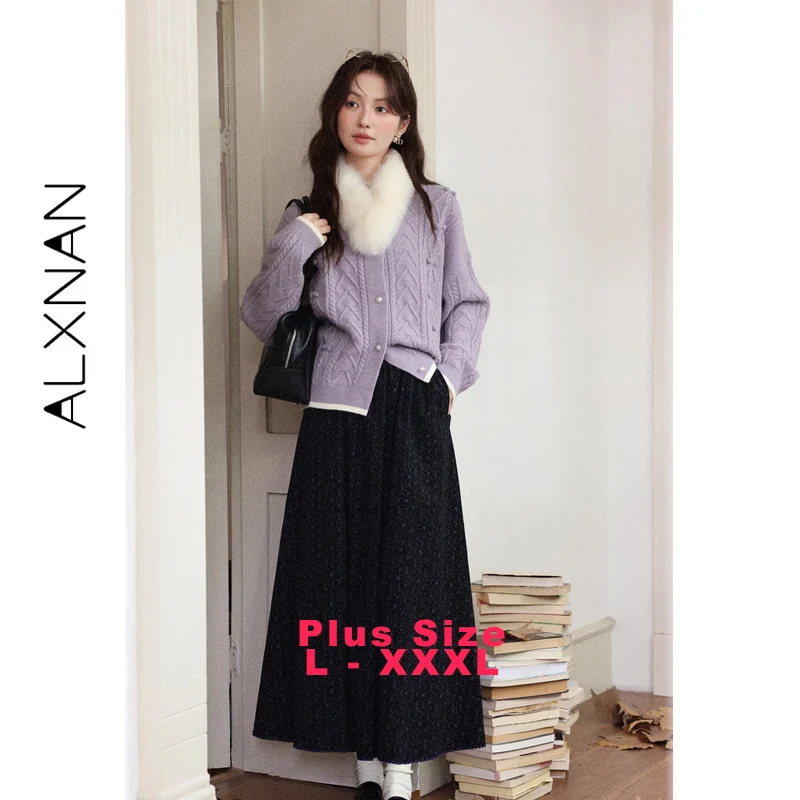 

ALXNAN Plus Size Polka Dot Floral Midi Skirt Black Floral Wide-hem Long Women's Skirts 2025 Fall Elegant Female Clothes D58722