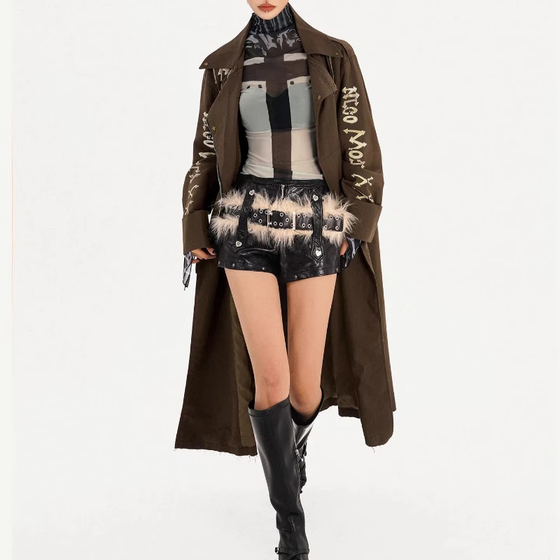 Original Retro Dedign Punk Style Long Brown Women's Trench Coat 2026 Spring New Suit Collar Loose Sweet Cool Feel Jackets Ladies