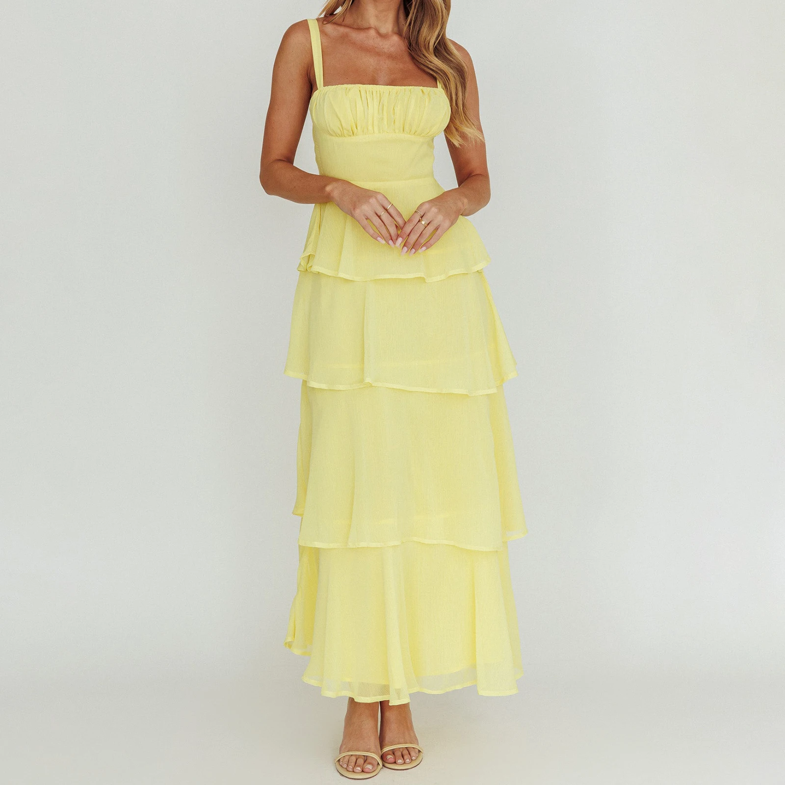 Vestido largo de verano para mujer, color sólido, sin mangas, con tirantes finos, busto ahumado, vestido de pastel delgado