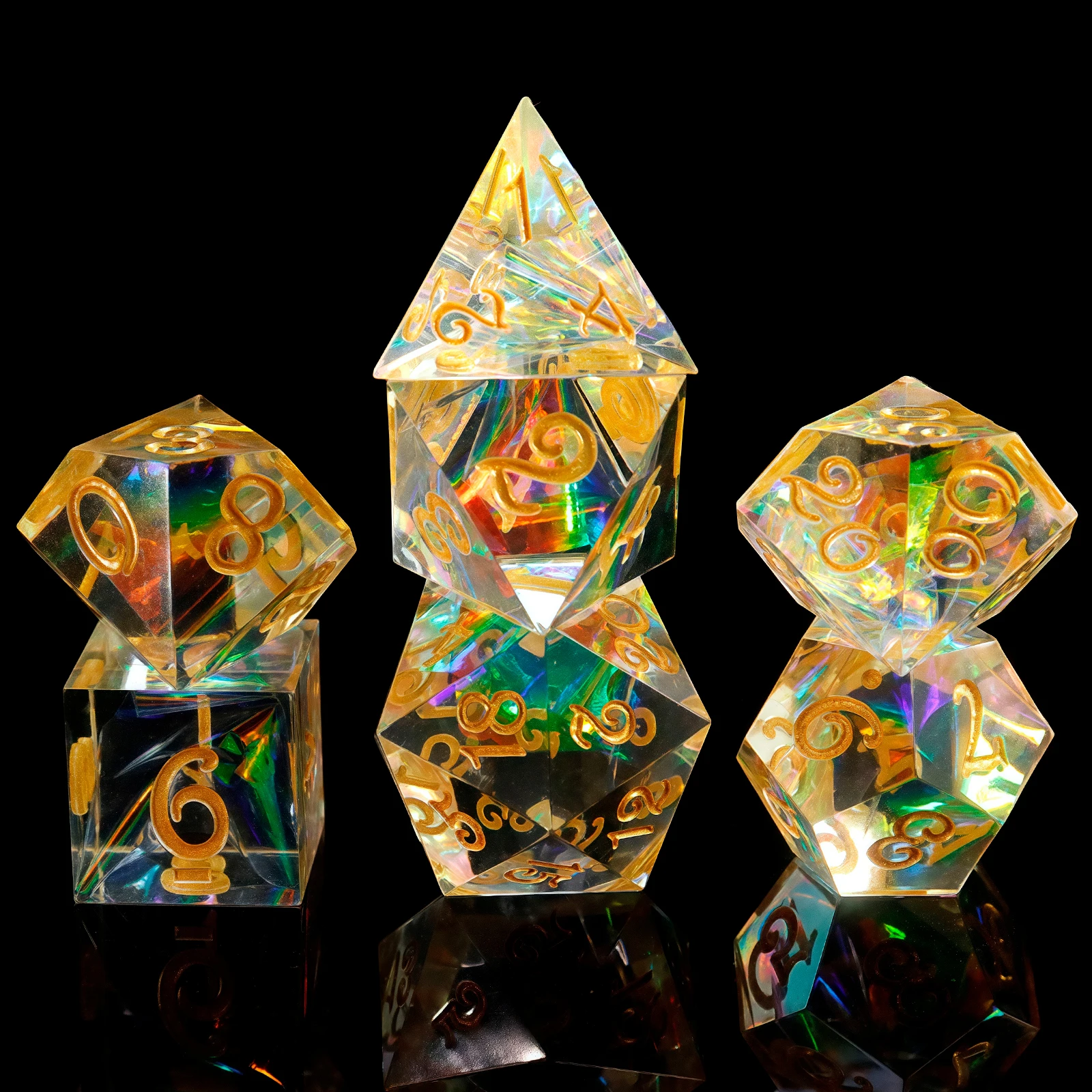 

7-Piece Set of Polyhedral Transparent Light Gold Resin Dice Refracting Multiple Colors of Light For Board Games
