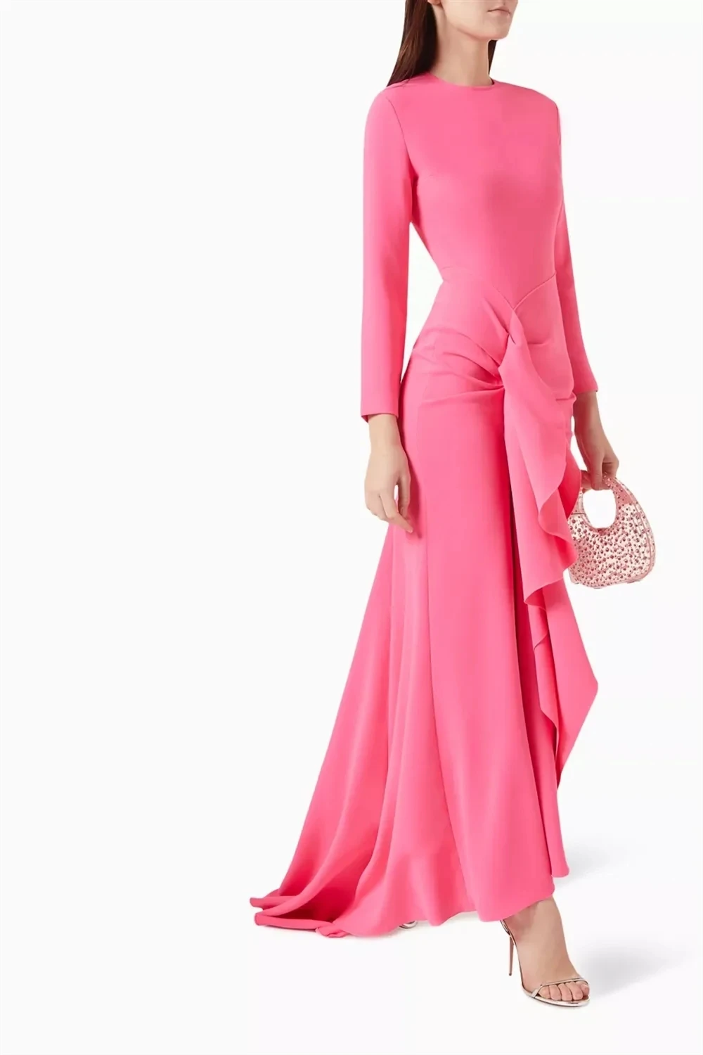 Elegant Pink Dubai Formal Long Sleeves Mermaid Evening Dress with O Neck Ruffles Ankle-length Crepe Party Gown For Women 2024