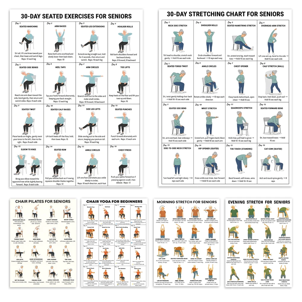 Chair yoga poses, seated Pilates and stretching for seniors, gentle exercise charts, arthritis exercise posters (printed).