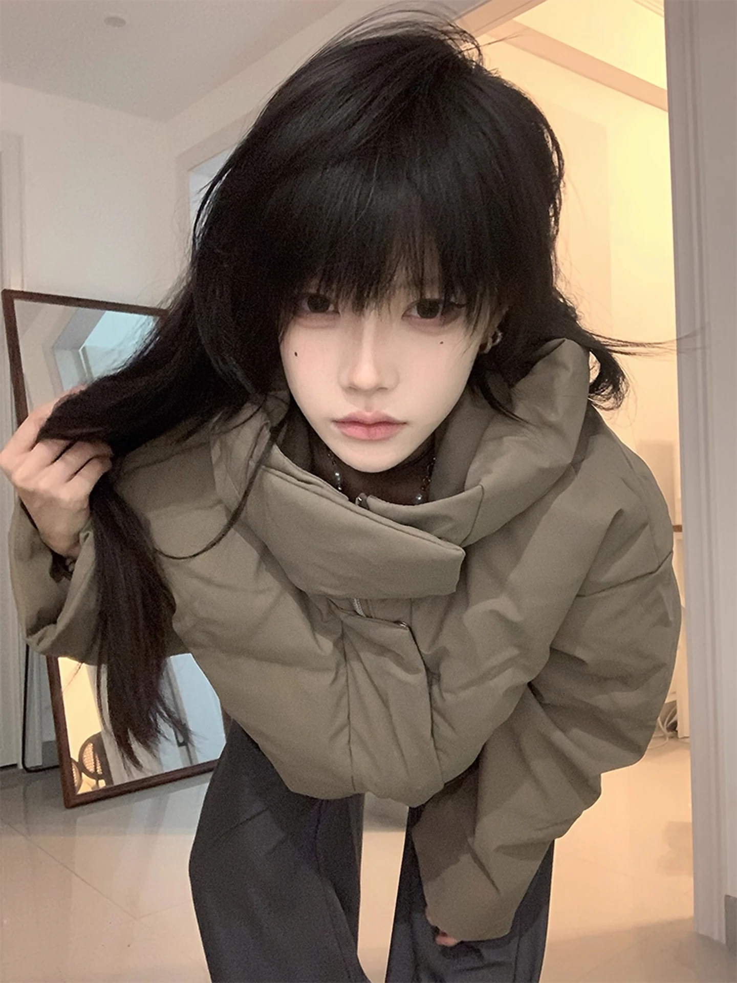 

i Color PU Leather Hooded Men's down Jaet Thiened American Sle Cotton Coat Couple Matching Bread Sle Coat