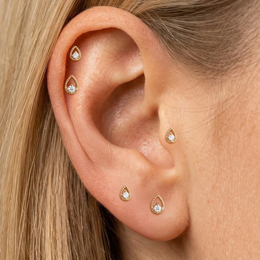 AIDE 14K Solid Gold Skeletonized WaterDrop3/4mm Flat Back Piercing Earrings For Women INS Dainty Luxury Hypoallergenic Jewelry