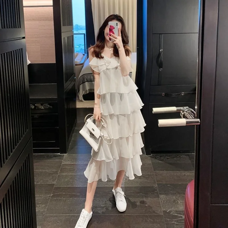 Vestidos por debajo de la rodilla sin mangas para mujer, ropa de calle holgada Vintage de estilo coreano con volantes, ropa de calle Fairycore a la moda