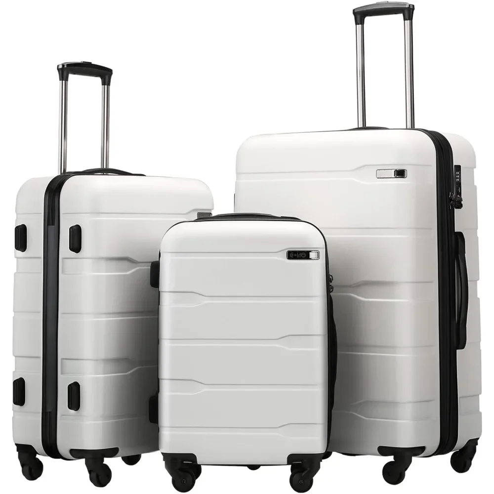 Luggage Expandable 3 Piece Sets PC+ABS Spinner Suitcase 20 inch 24 inch 28 inch (white, 3 piece set)