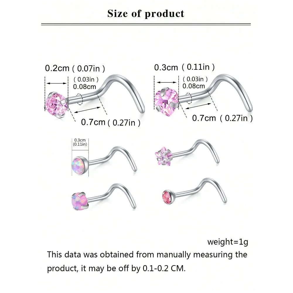 6Pcs Pink Nose Studs Nose Rings 20G L Corkscrew Bone Nose Ring Stud Stainless Steel Nose Screw Studs Nostril Piercing Jewelry