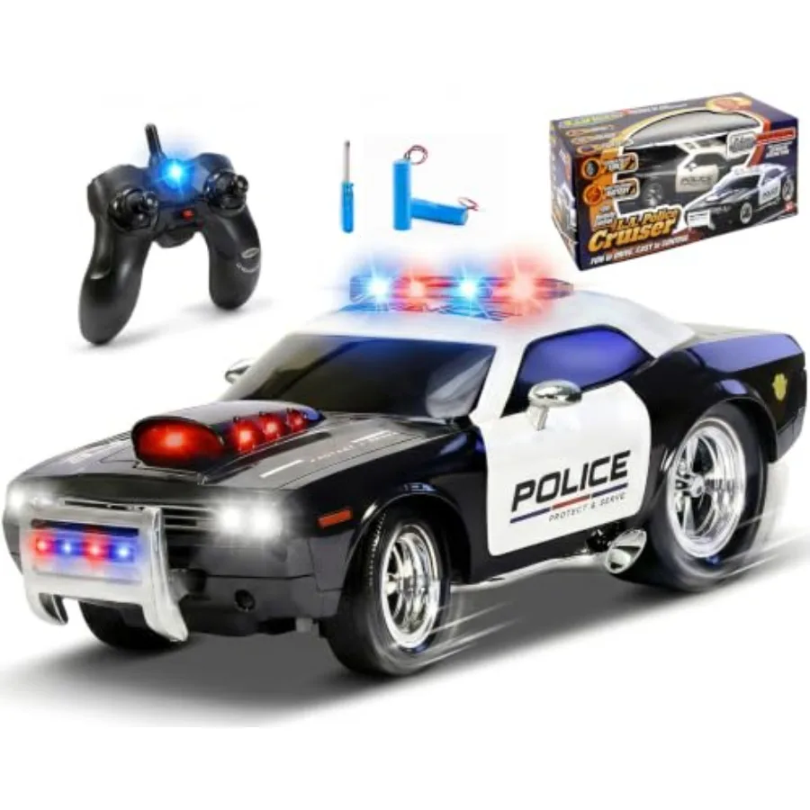 Rechargeable Remote Control Police Car for 3-12, ABS Plastic, Blue White, LED Lights Siren, 2.4GHz Anti-Interference