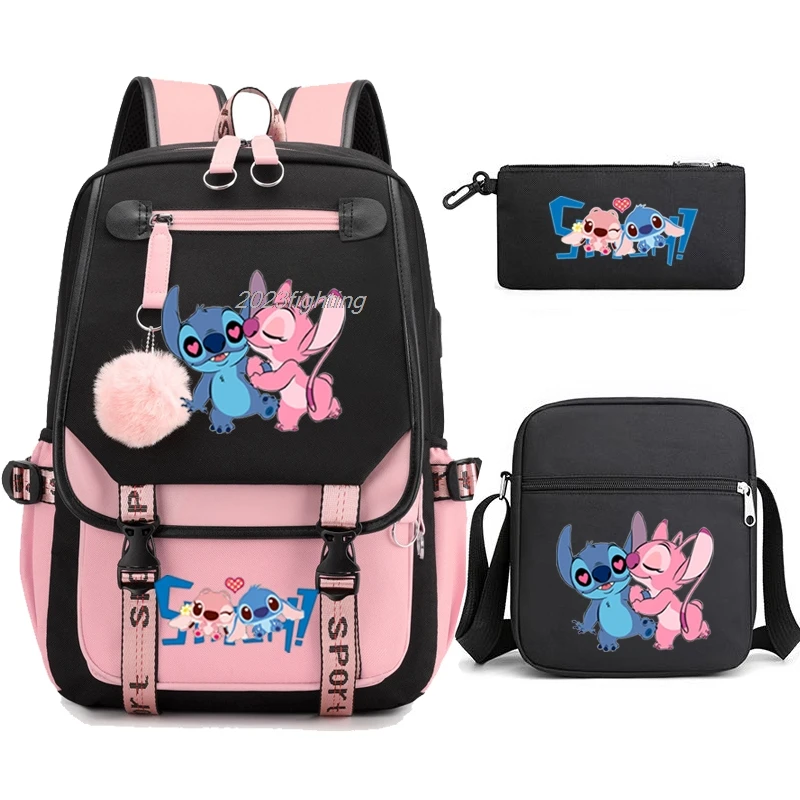 Loli Stitch Backpacks USB 3PCS Large Shoulder Bag Travel Backpack Patchwork Laptop Student School Bags Bagpack Mochila