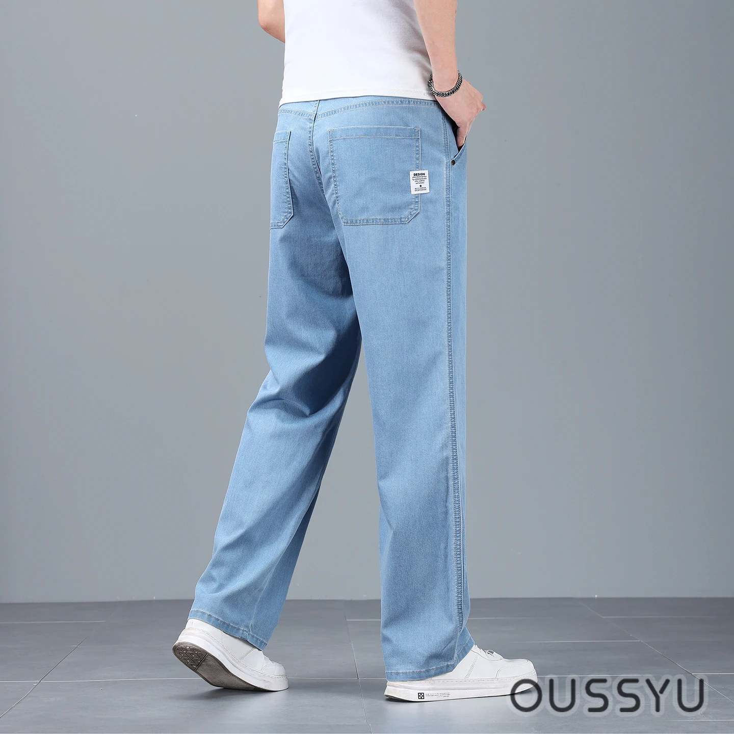 Men's Spring Summer Lyocell Fabric Jeans Loose Straight Thin Casual Denim Pants Breathable High Waist Trousers Male Plus Size 40