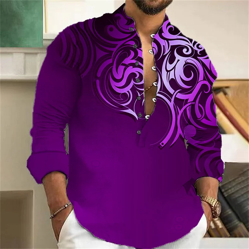 Men's shirt 3D totem print men's casual button long sleeved shirt men's spring and summer top men's 5XL size