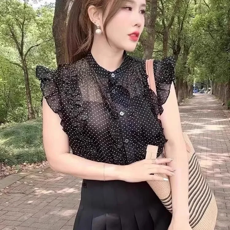 Summer New Sle Polka Dot Chiffon irt Women's Svel Beautiful Faionable Small Top Korean Sle round Ne Blouse