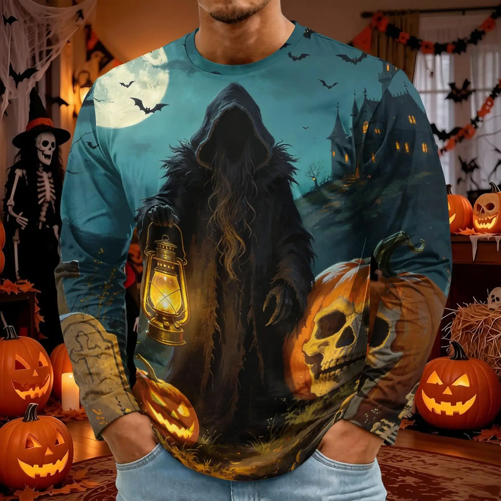 Men Long Sleeve T‑Shirt Halloween 3D Print Ghost Castle Skeleton Ghost Ship Gothic Graphic Casual Party Tee