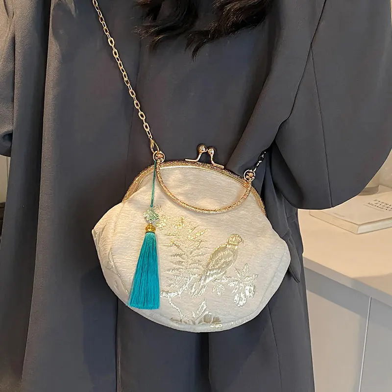 Fashion Vintage Fringe Bag Small Shell Bags Chain Women Shoulder Crossbody Bag Crane Flying Women's Handbags Purses Embroidery