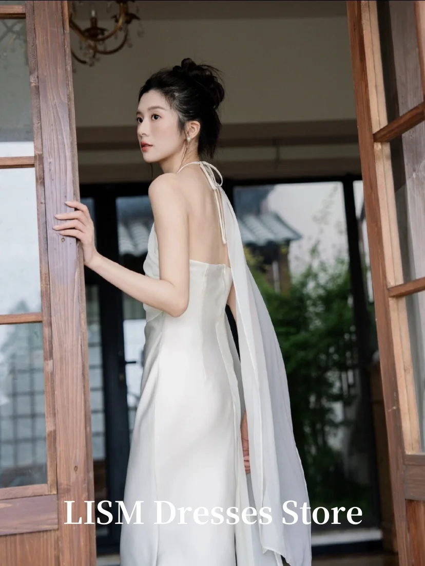 LISM-vestidos de novia sencillos con cuello Halter, corte en A, Corea, sesión de fotos, satén, largo hasta el suelo, vestidos de novia elegantes, corsés personalizados