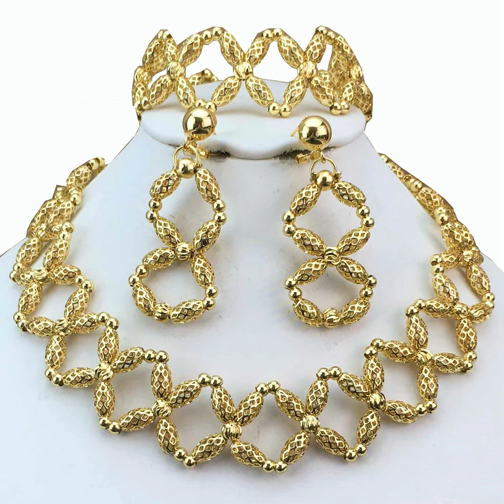 Hot selling Women Jewelry Set Gold-Plated Necklace Earrings Bracelet Sets Girls Birthday Gifts FHK18056