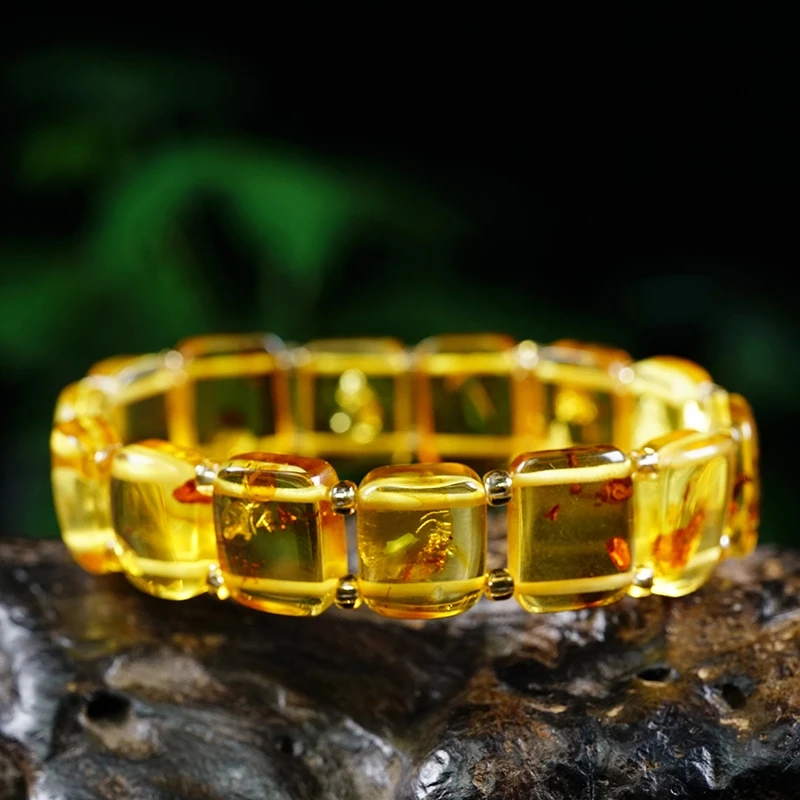 Natural Yellow Piebald Amber Gemstone Bracelet Clear Rectangle Beads Women Healing Stretch 13*9mm Bangle AAAAA