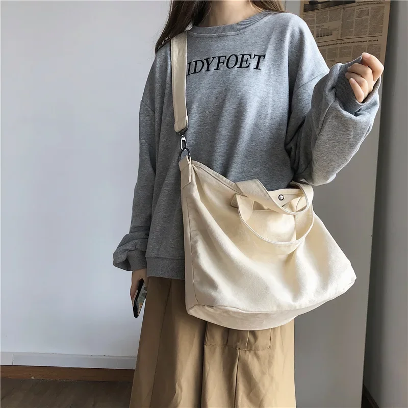 Lazy crossbody bag Female college student class bag large capacity solid color washed canvas bag hand bill shoulder bag