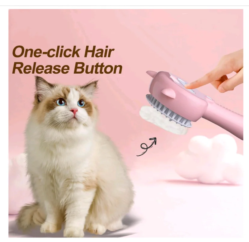 Cat Steam Brush for Shedding, 4 in 1 Steamy Cat Brush with Handle, Rubber Pet Misting Brush with Release Button(Pink)