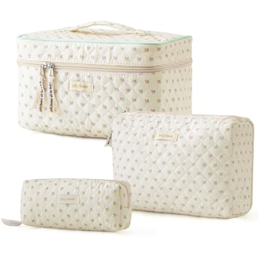 

Quilted Makeup Bag, 3PCS Cotton Large Travel Makeup Bag, Cute Floral Coquette Make up Bag Cosmetic Bag Toiletry Bag for Women G