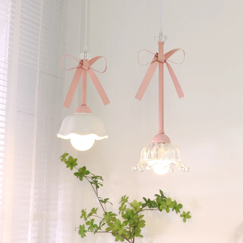 Cute restaurant small pendant light, children's princess room bedside pendant light, creamy pink girl bar bow light fixture