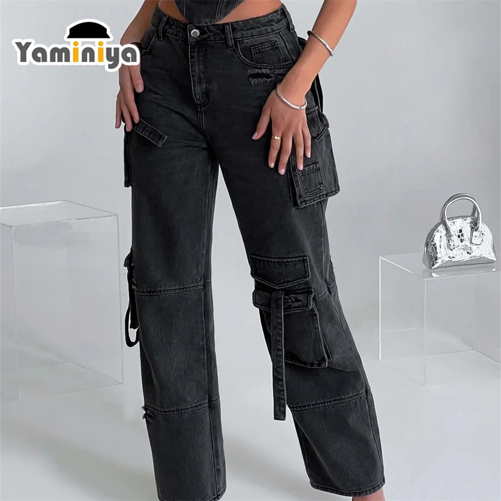 Yaminiya Autumn Women's More Than A Pocket Straight Jeans Cargo Pants Lace Up American Street Style  Y2k Fashion 2024 New