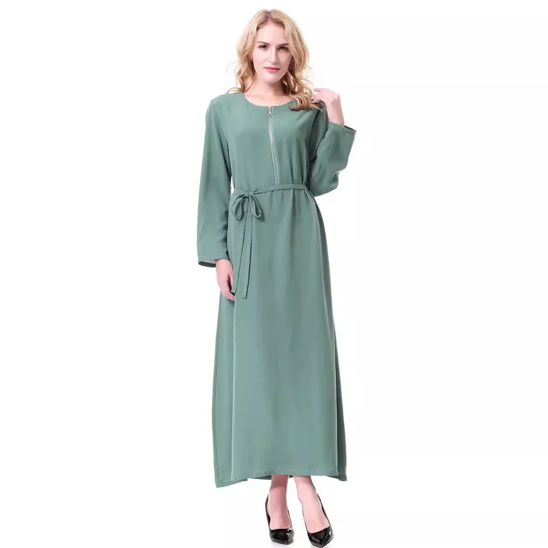 Women's Solid Color Casual Trendy Long Sleeve O-neck Zipper Sashes Ankle Length Dresses Female Clothes Arab Muslim New Fashion