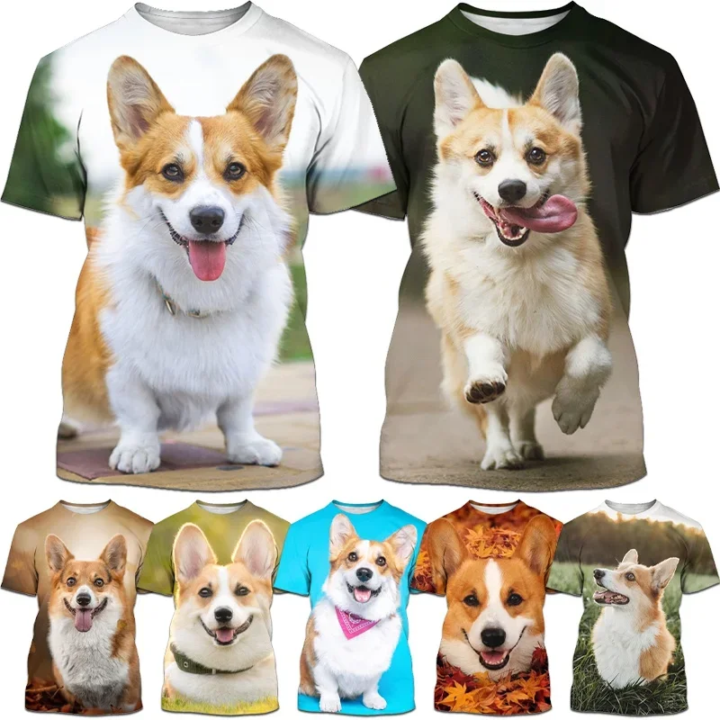 Fashion Cute Pet Dog Corgi 3d Printing Men And Women Children's Fun Casual O Collar Short Sleeve T-shirt Street Style Thin Top