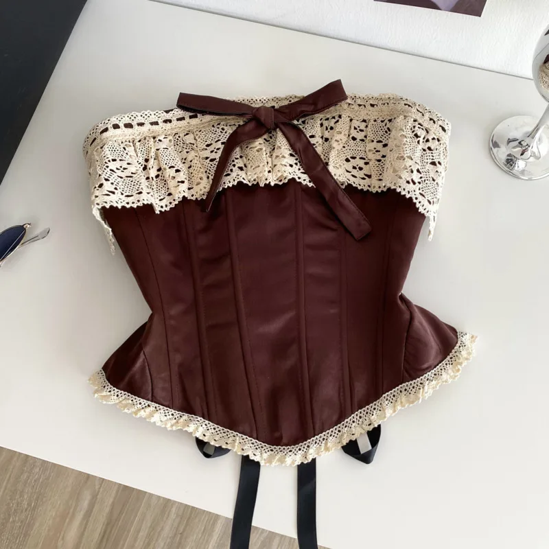 

Сексуальный тонкий корсет с оборками, женский винтажный жилет без рукавов с рыбьей косточкой, кружевной вечерний клубный топ с открытой спиной, бандажный топ Y2K