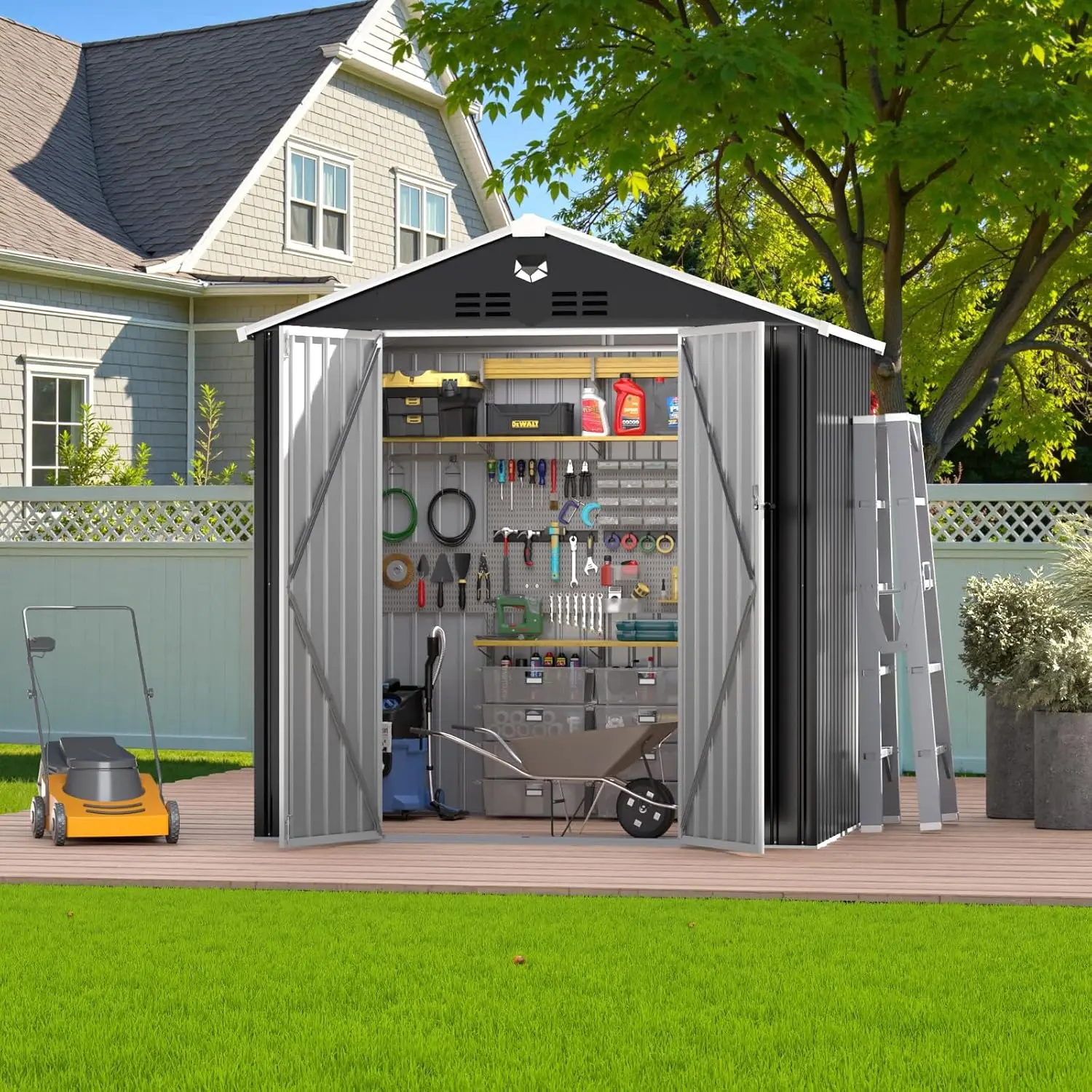 8x6 FT Outdoor Storage Shed Metal Garden Backyard Patio Bike Lawn Equipment Lockable Doors 3Beam Roof 4 Vents Free Work Light So