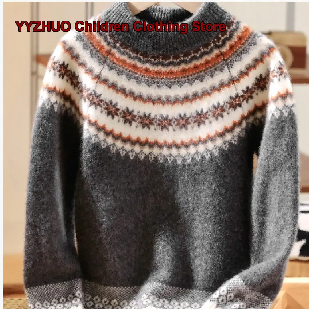 Kids Fair Isle Sweater Boys Girls Autumn Winter Knit Pullover Thickened Warm Base Layer Top