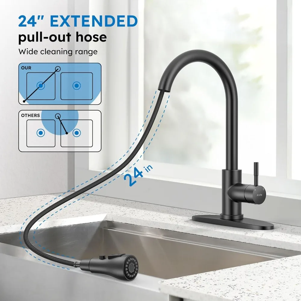 Moderno comercial preto fosco pull-down spray único punho torneira da cozinha com misturador de pia de aço inoxidável