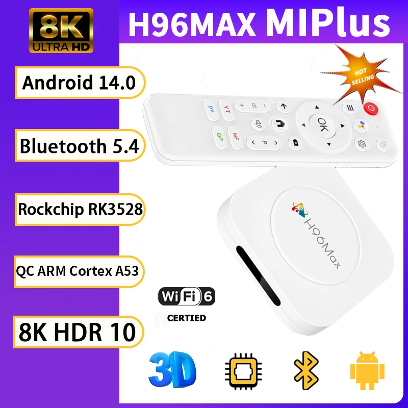 

Смарт ТВ-приставка M1PLUS 4ГБ 32ГБ, медиаплеер Rockchip RK3528 8K с Wi-Fi и Bluetooth 5.4, X96Max Plus Ultra на Android 14, ТВ-бокс