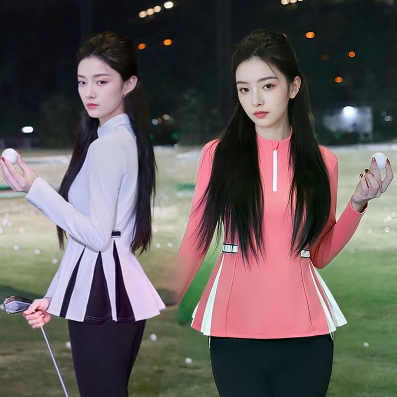 2025 المرأة جولف تي شيرت رياضي كم طويل الوقوف طوق القمم الرمز البريدي الرقبة الترفيه تنس تي شيرت مطوي كشكش جولف رياضية