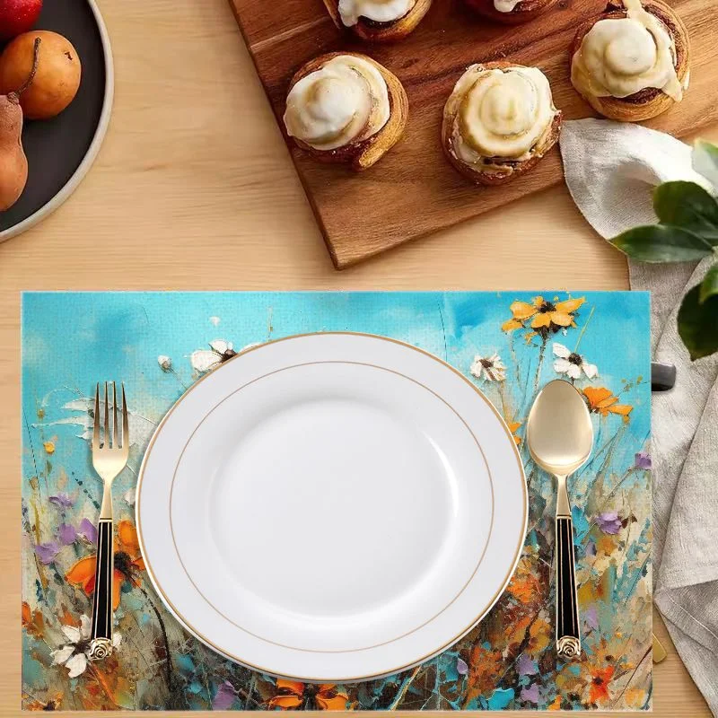 VIKAMA Wild Daisy Floral Placemats Impressionist Oil Painting Table Mat Blue Background Dining Kitchen Washable Decor Mat