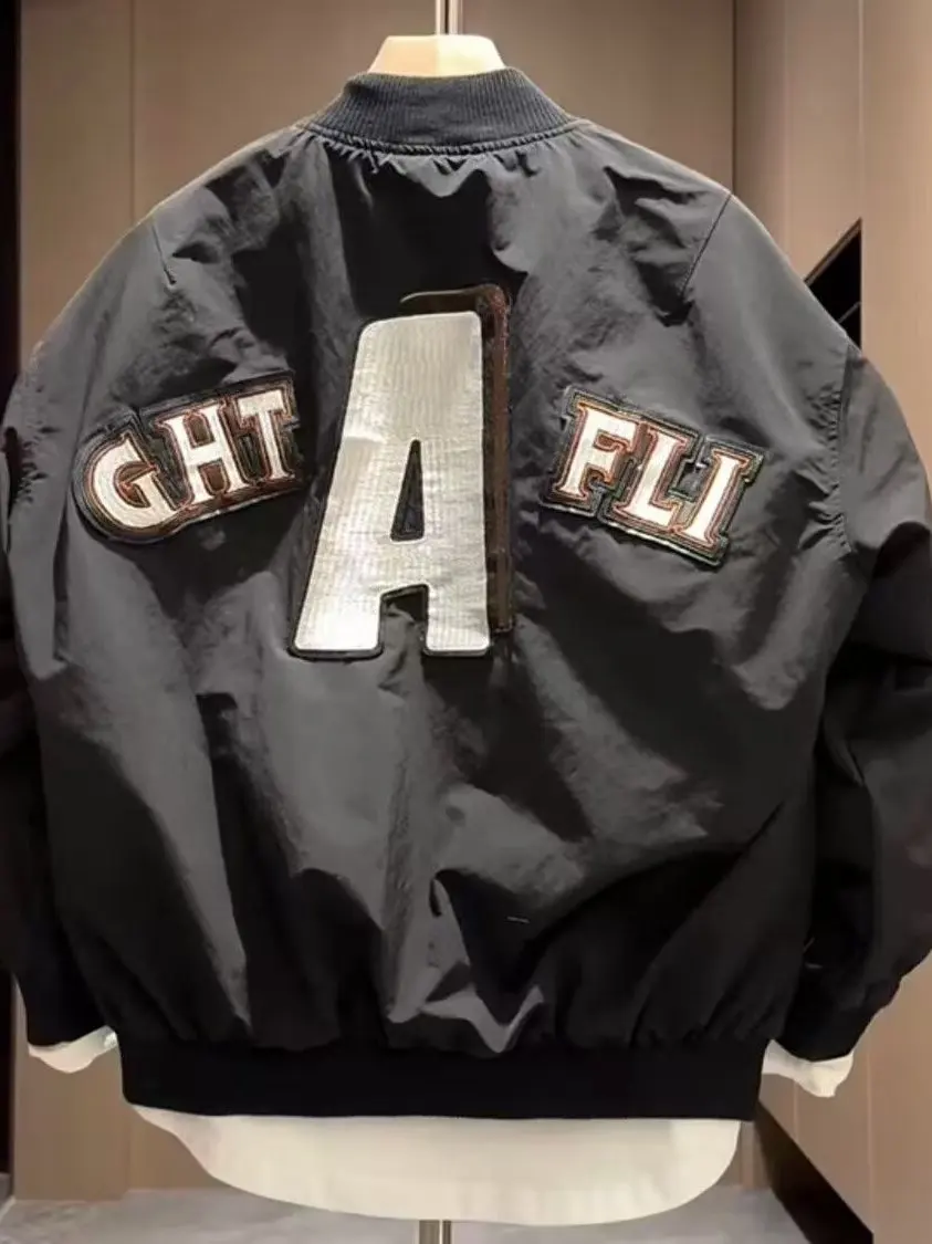 

Sli Embroidered Letter Patch Jaet Baseball Sle Spring Autumn Men's Casual Faion Polyester Fiber Long Sve Coat