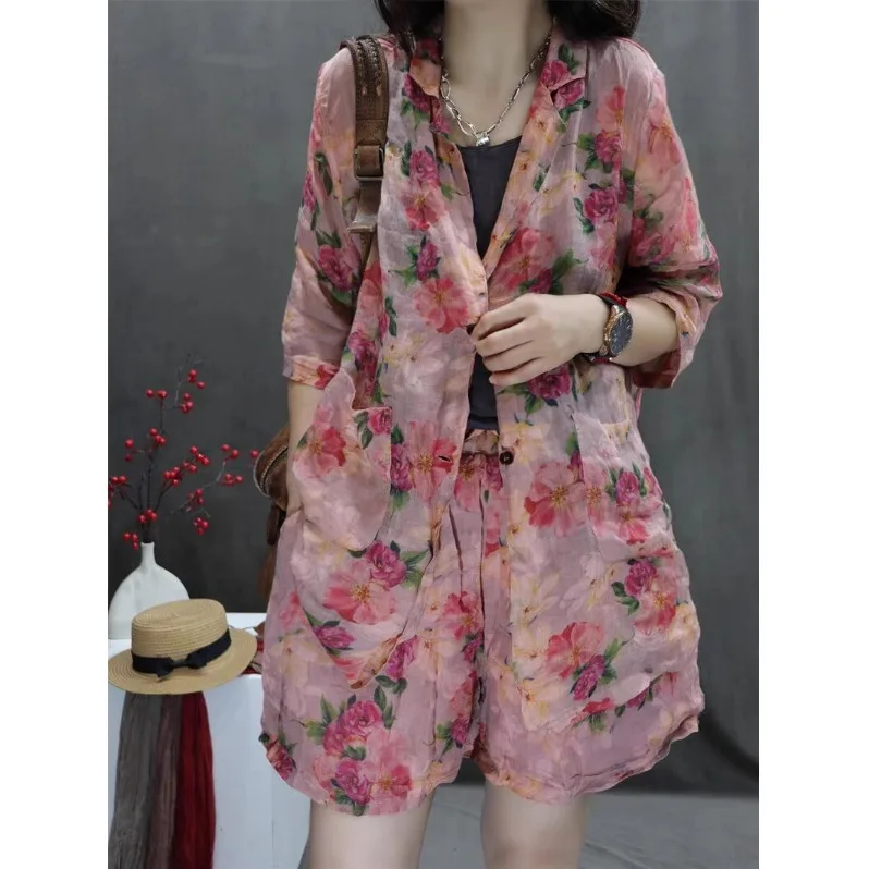 Ele Lightweight Hemp Print Vintage Loose Women's Suit Set Faionable Drifting Sle Cotton Fabric Summer Collection