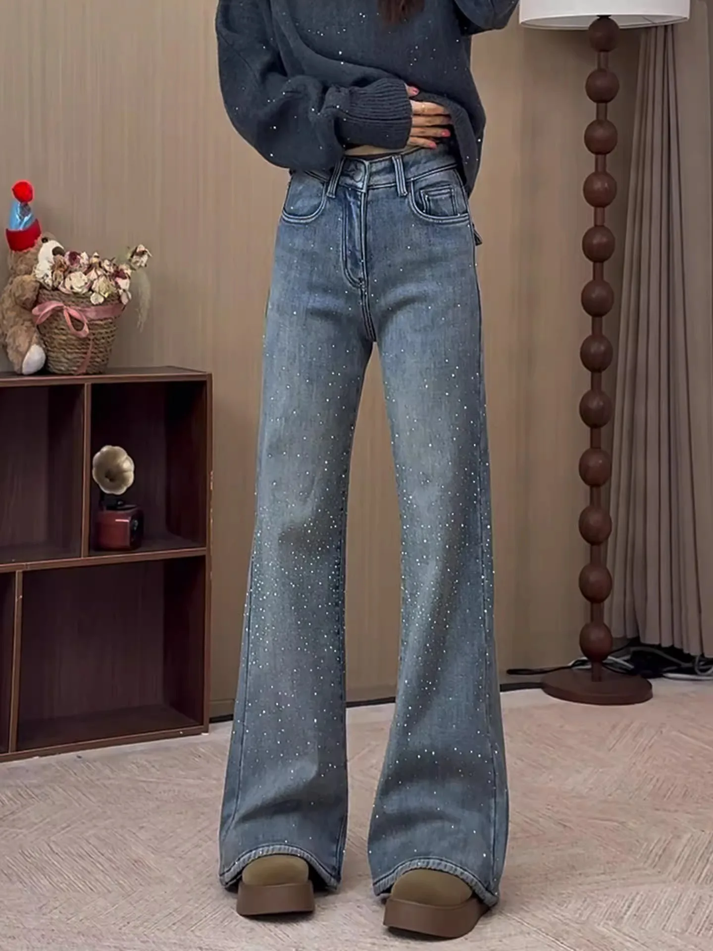 

Light Blue Fce Lined High Waist Wide Leg Jeans Women's Loose Slimming Straight Leg Jeans Casual Sle Winter New Arrival