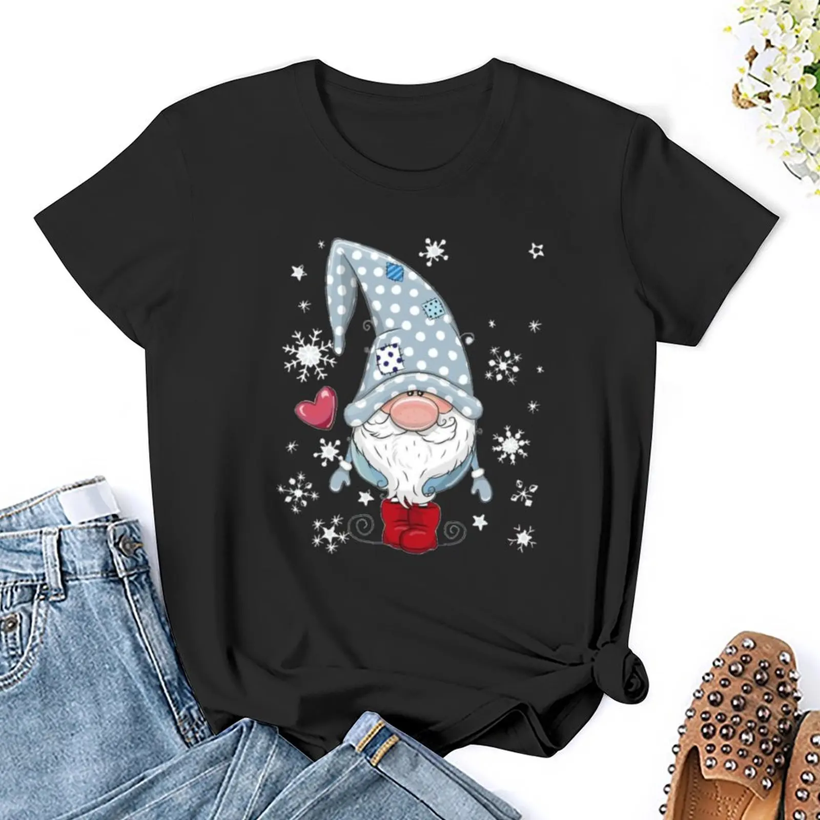 Red christmas gnome, Christmas Gnome T-Shirt graphics hippie clothes cute tops white t-shirt dress for Women sexy
