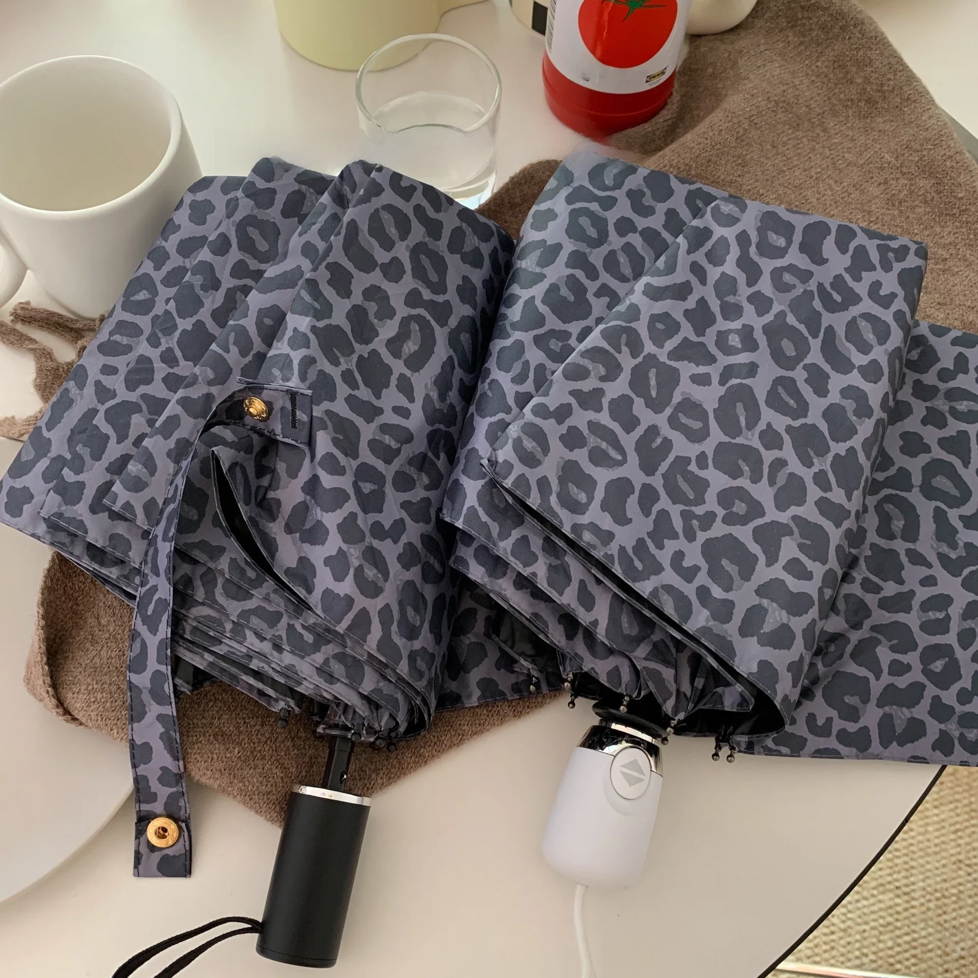 Automatic Umbrella Leopard Print Black Glue Sunshade Umbrella Stylish Rain Umbrella You Look Beautiful Today Sweet Cool Girl