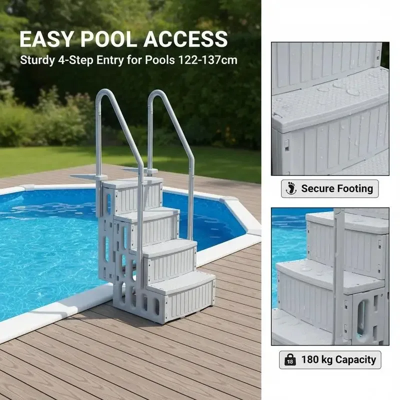 Swimming pool ladder, 4-step staircase with double handrail & non-slip heavy-  steps, 180 kg load capacity, for 122–137 cm in