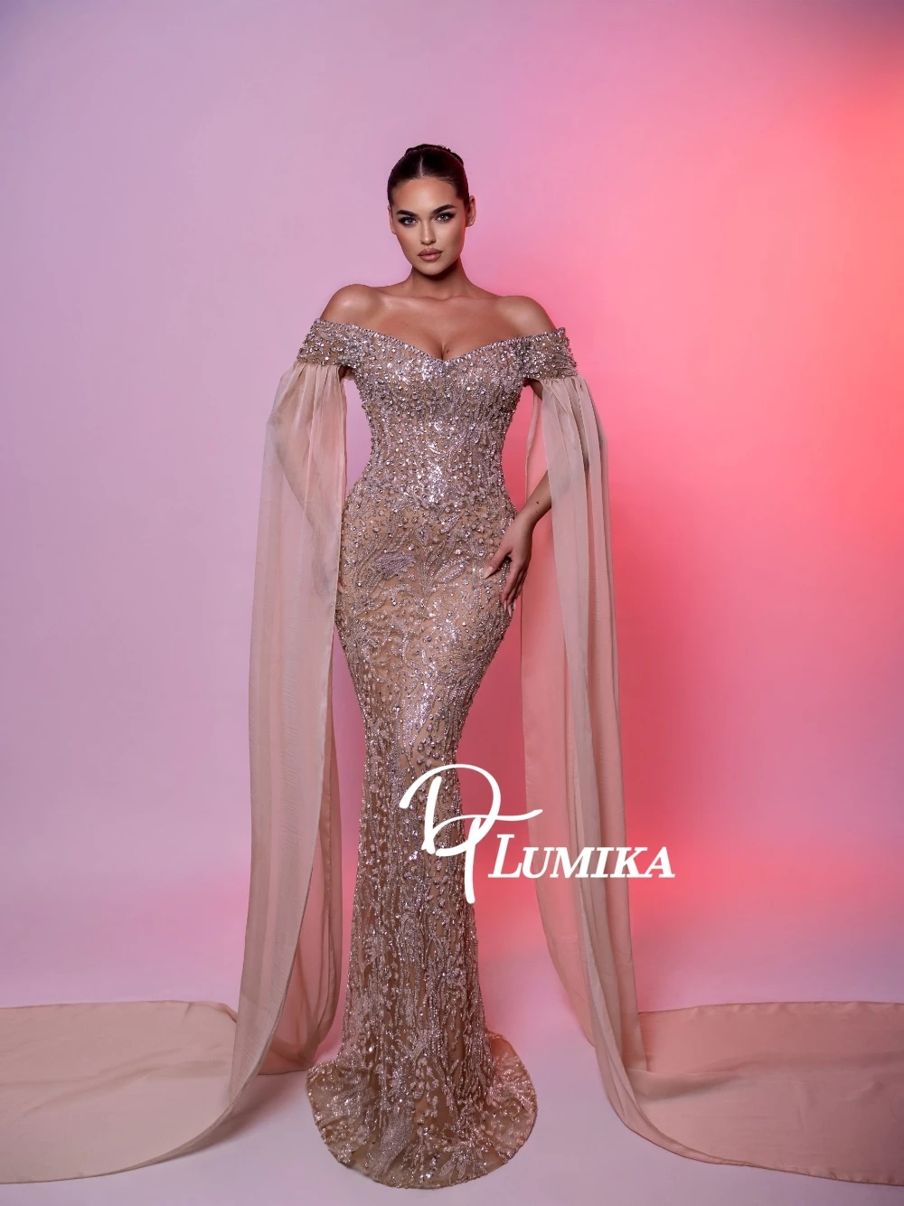 

Элегантное вечернее платье-русалка с открытыми плечами, расшитое бисером, с пайетками, с рукавами-накидкой, макси-платье для женщин, для выпускного вечера и торжественных мероприятий