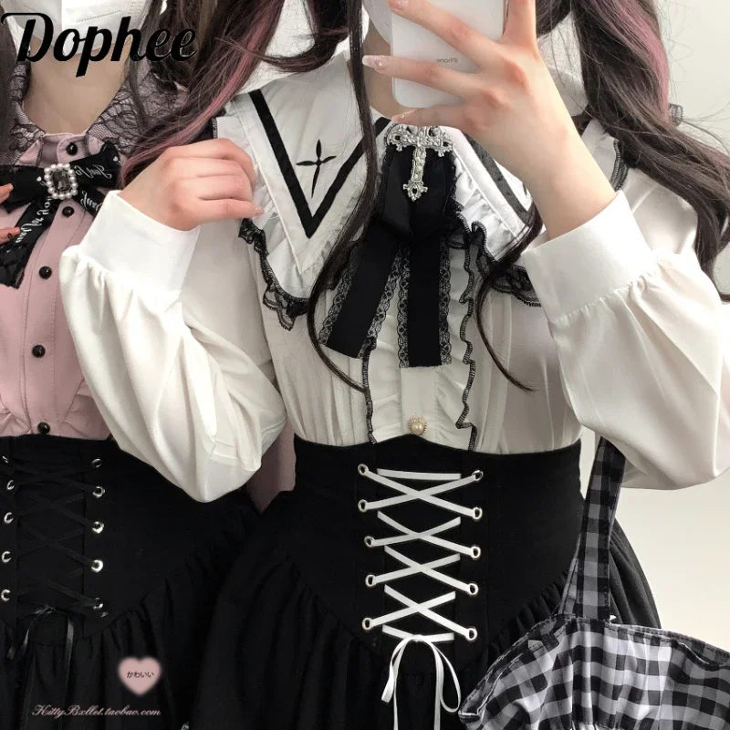 Dophee Original Landmine System Ruffles Lace Navy Collar Long Sleeve Women Blouses Cute Lolita Tops Cross School Girl Shirts