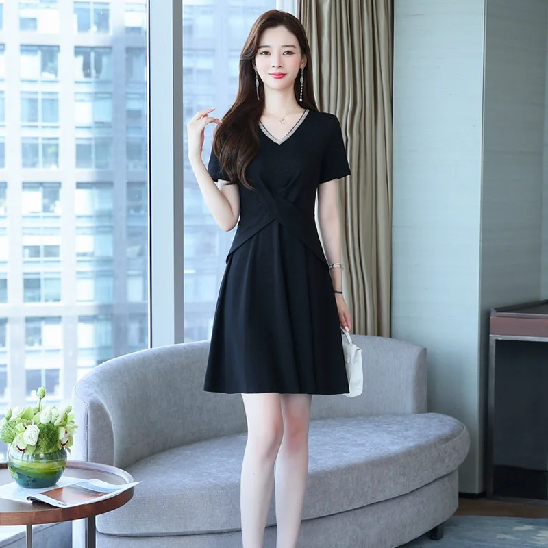 Women V Neck Black Mermaid Dress Office Lady Elegant Casual Short Sleeve Mini Big Summer Plus Size 3XL Slim Party Wear Vestidos