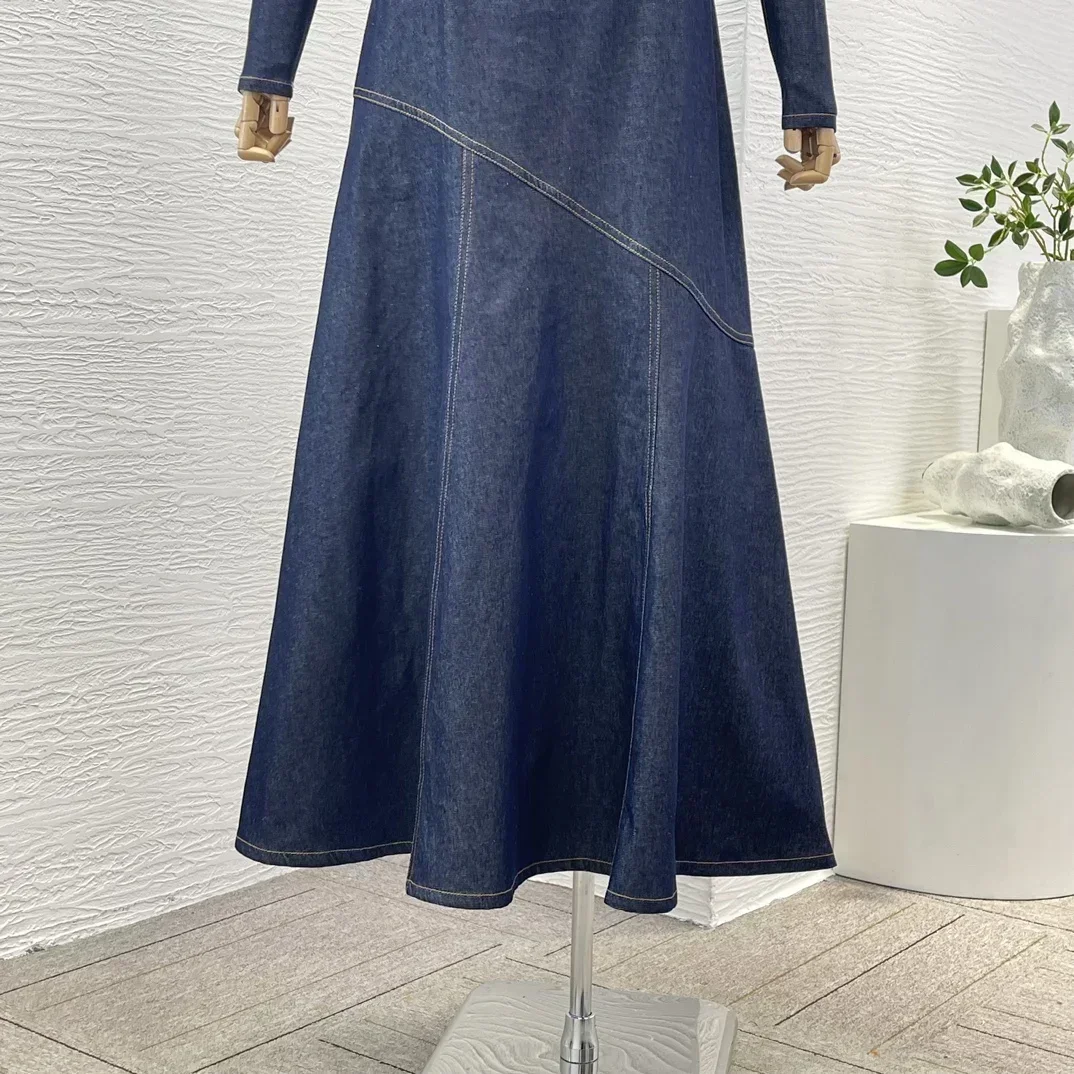 2024 New Autumn High Quality Cotton Navy Blue Long Sleeve Jeans Midi Dress for Women