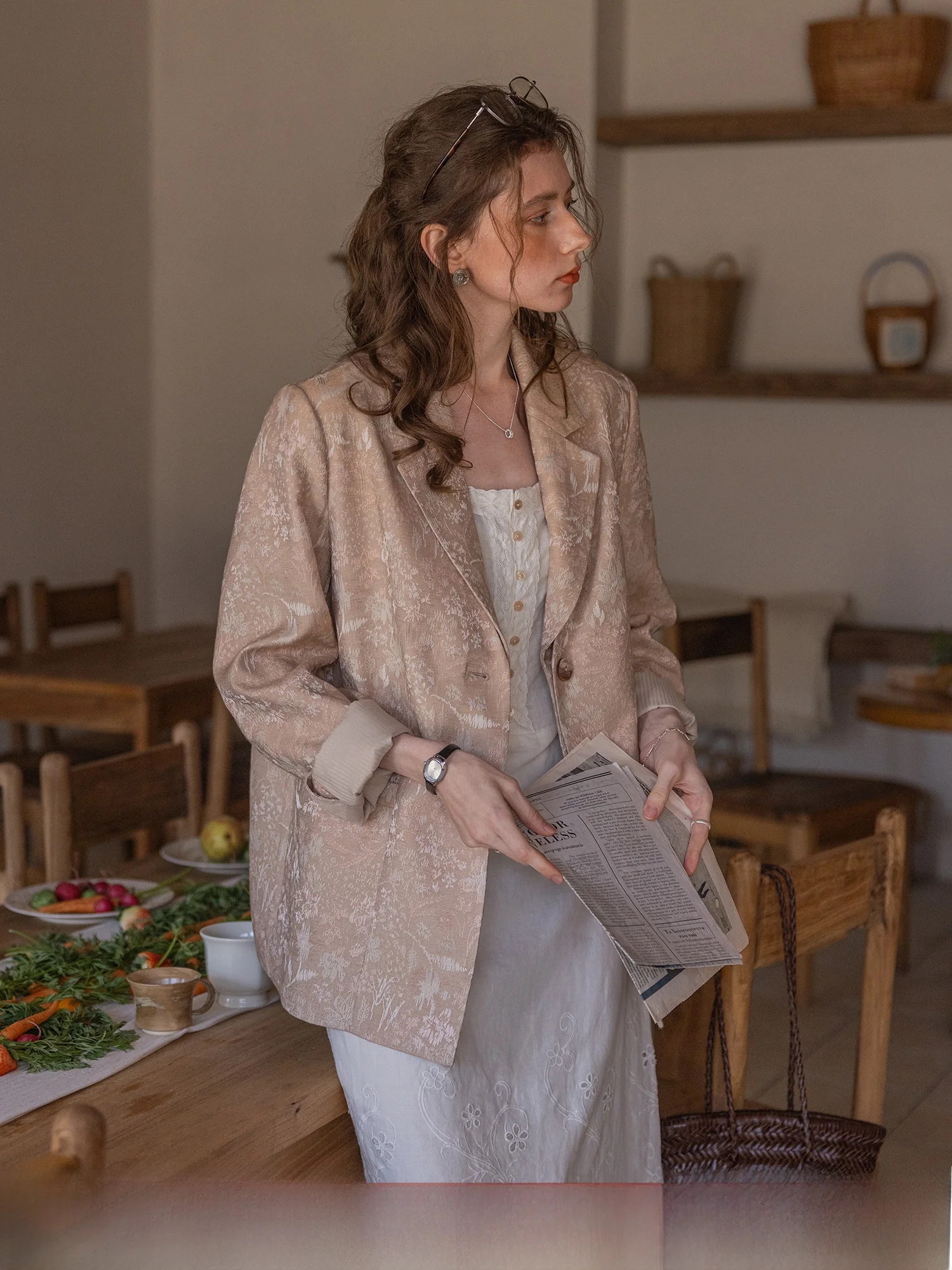 Giacca da Donna Sena Harvest Light Color con Motivo Intrecciato Sottile, Colletto Staccabile, Silhouette Retrò, Primaverile